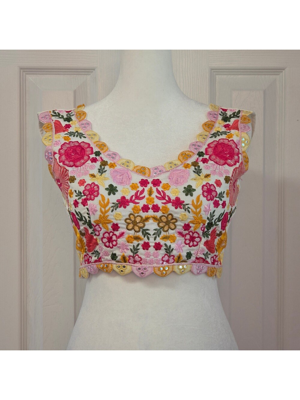 Pink Orange Yellow Floral Embroidered Choli Crop Top Y2K Fairy Sequin Boho Tank